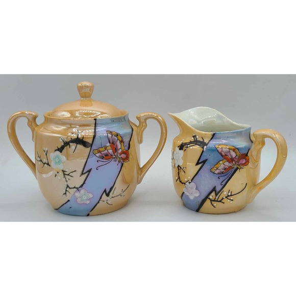 Vtg Hand Painted Japanese Lusterware Set. 3 plates 7 1/4", Sugar Bowl & Creamer - Picture 3 of 14